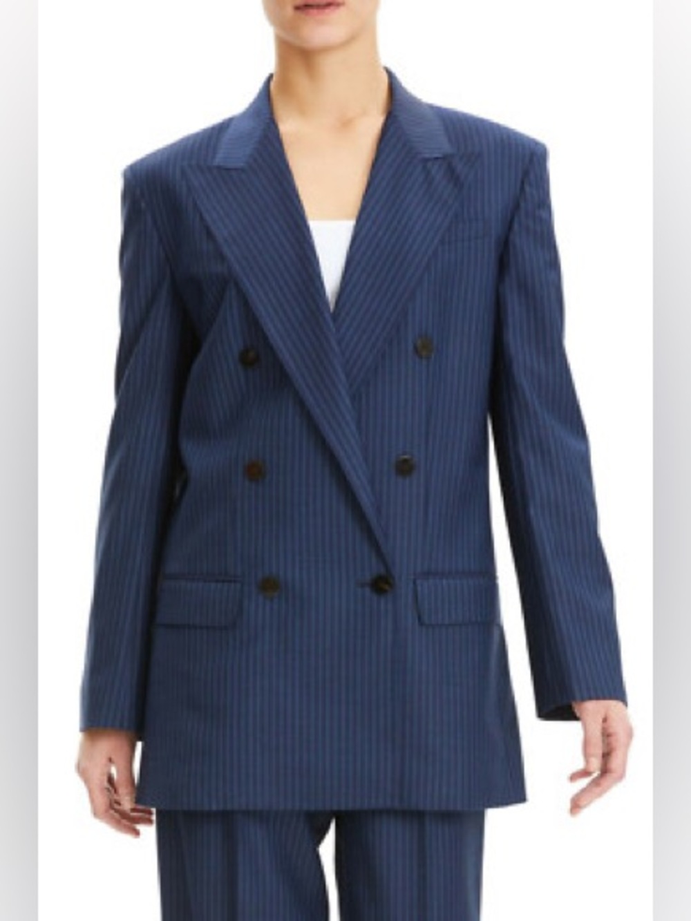 Theory Striped Double Breasted Blazer in Pale Stripe Wool